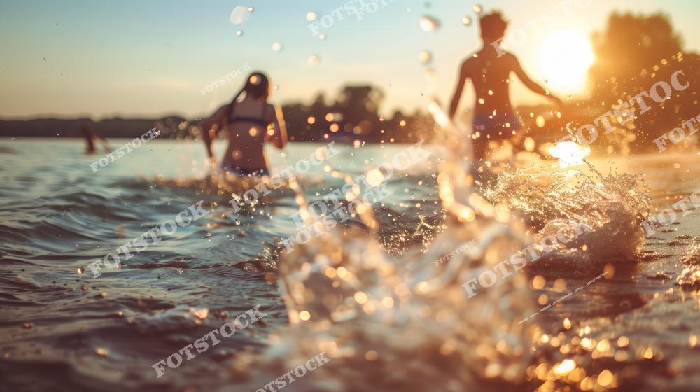 На фотографии запечатлены люди, играющие и бегущие по воде на фоне заходящего солнца. Брызги воды и теплые солнечные лучи создают атмосферу летнего счастья и свободы. Этот снимок отлично иллюстрирует радость отдыха на природе и гармонию с окружающим миром.